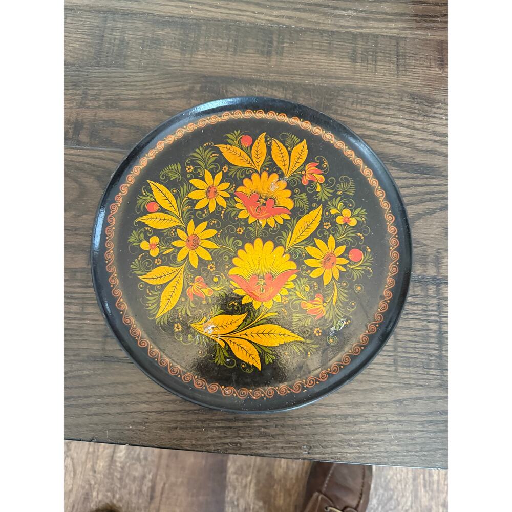 Vintage Hand Painted Russian Folk Art 10.5” Round Plastic Tray